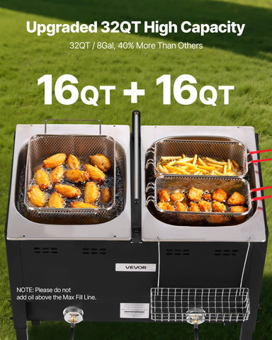 VEVOR fryer with 32 qt total capacity and two burners for outdoor cooking