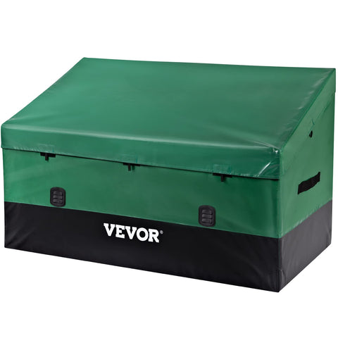 VEVOR outdoor storage box shows 230-gallon capacity for bulky gear organization.