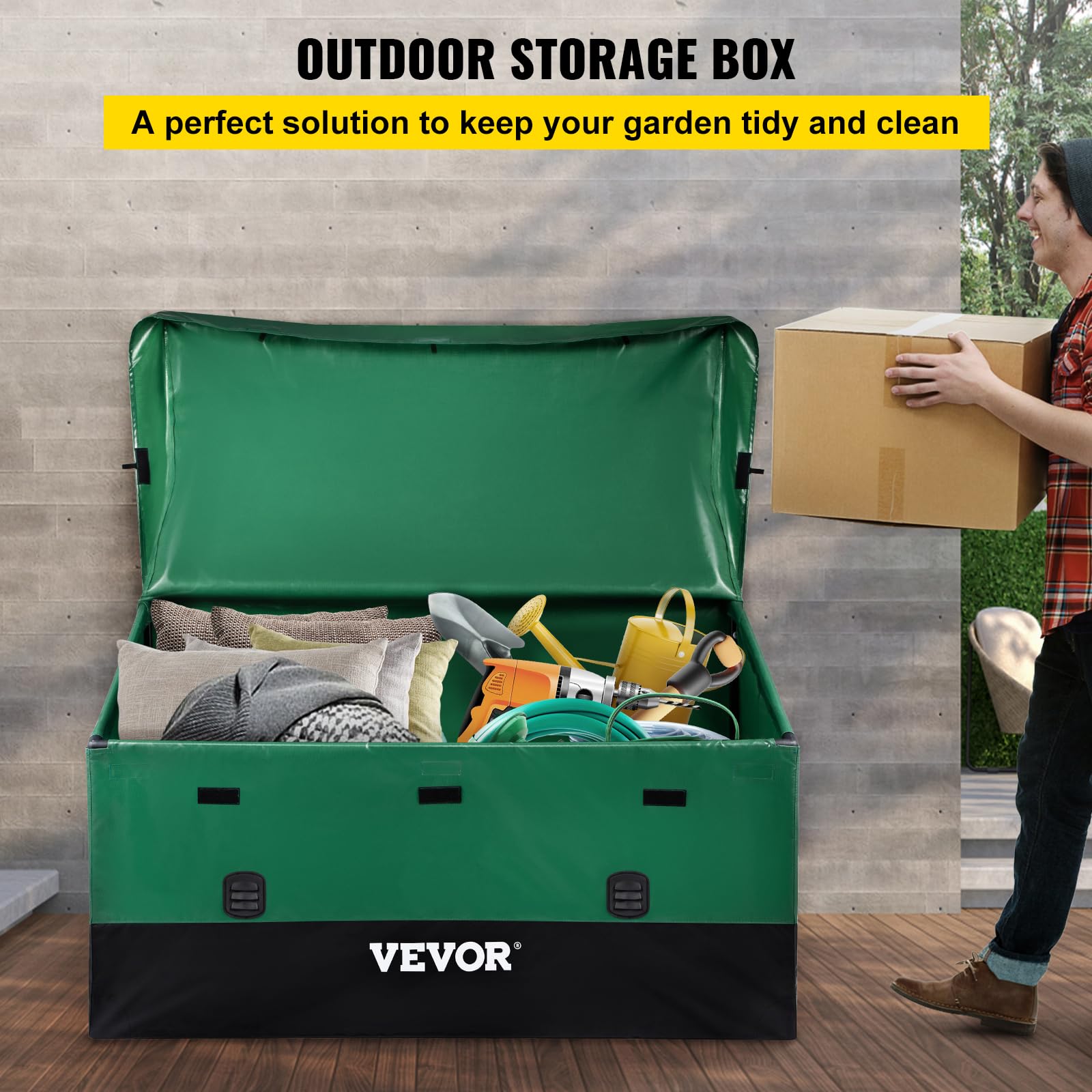 VEVOR deck box highlights galvanized frame for durable outdoor storage.