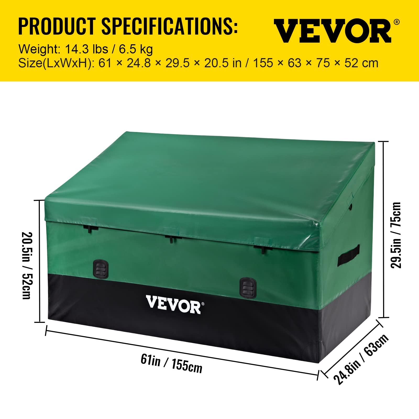 VEVOR Outdoor Storage Box interior dimensions showing ample storage space for cushions.
