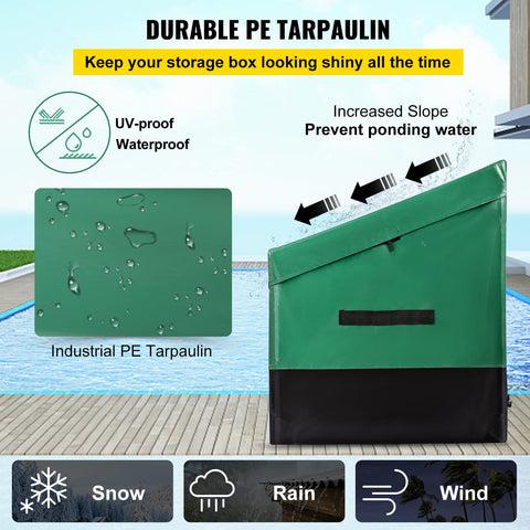 VEVOR Outdoor Storage Box PE tarpaulin cover demonstrates waterproof protection for outdoor gear.