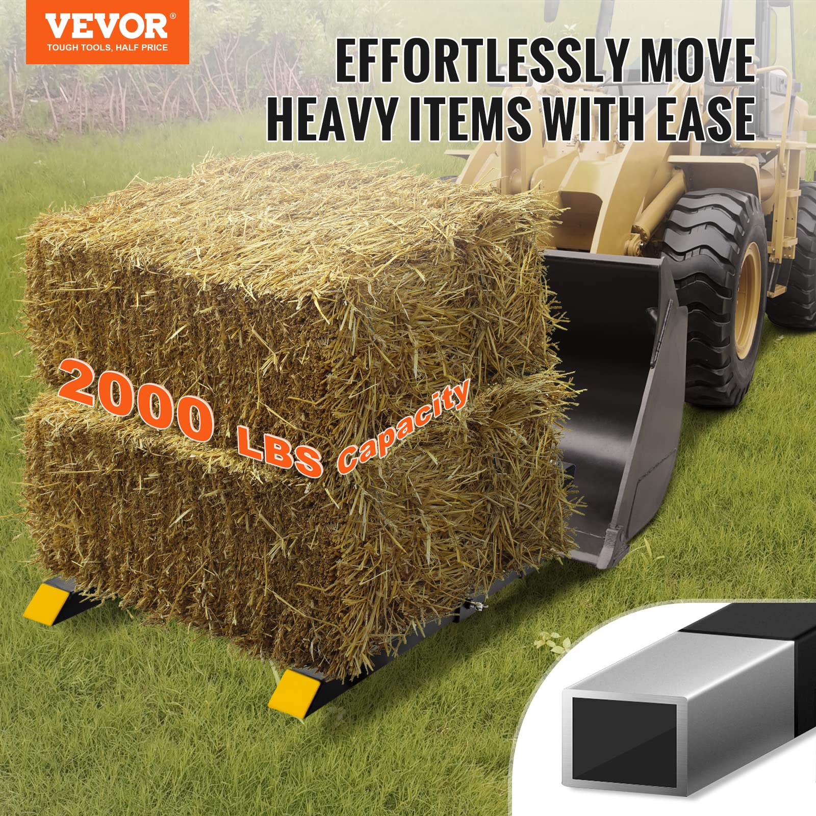 VEVOR pallet forks installed on bucket edge showing quick attachment and stability