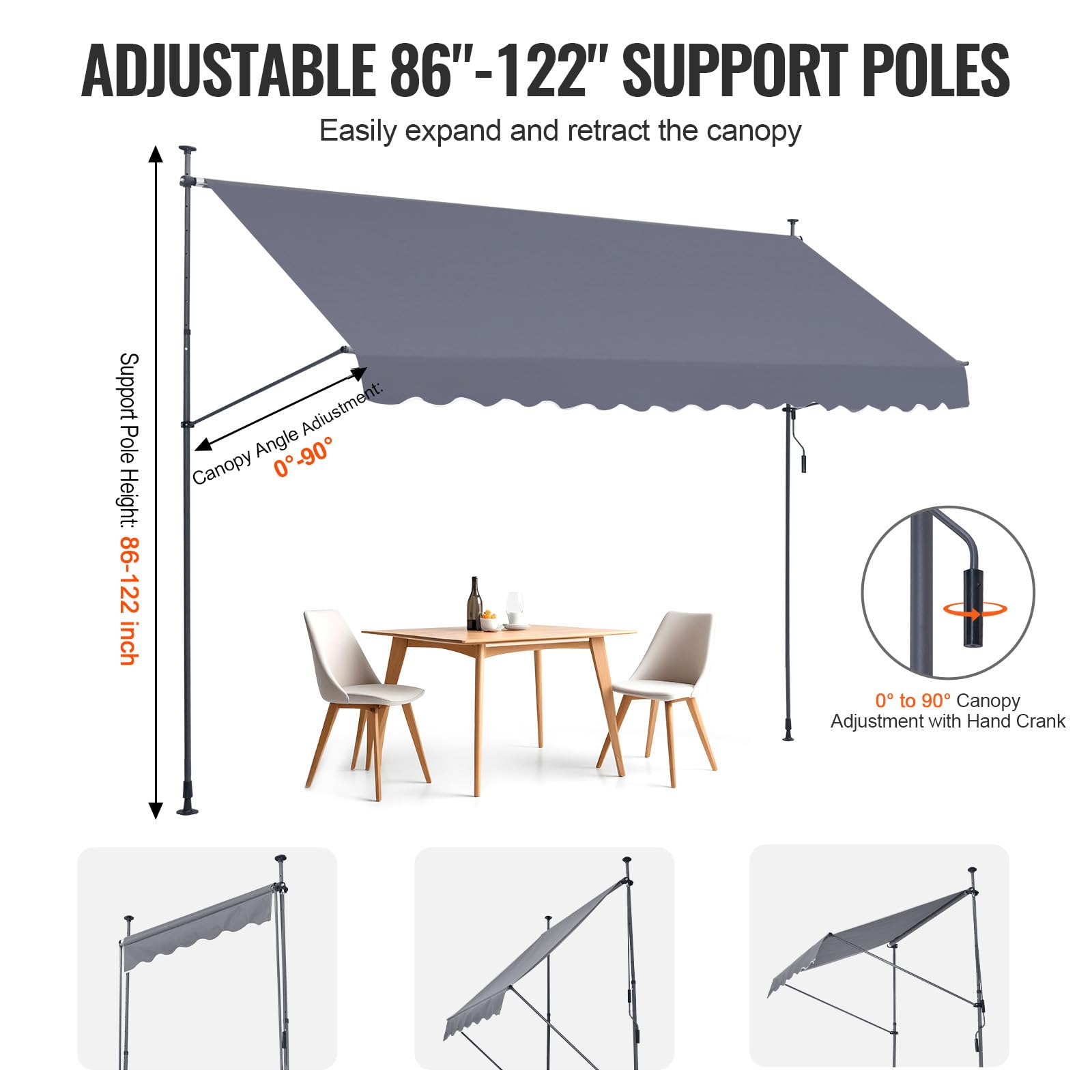 VEVOR patio awning height-adjustment demonstrating fit for doors and windows