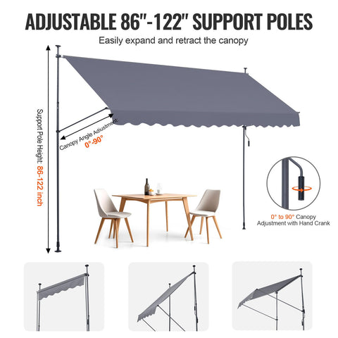 VEVOR patio awning height-adjustment demonstrating fit for doors and windows