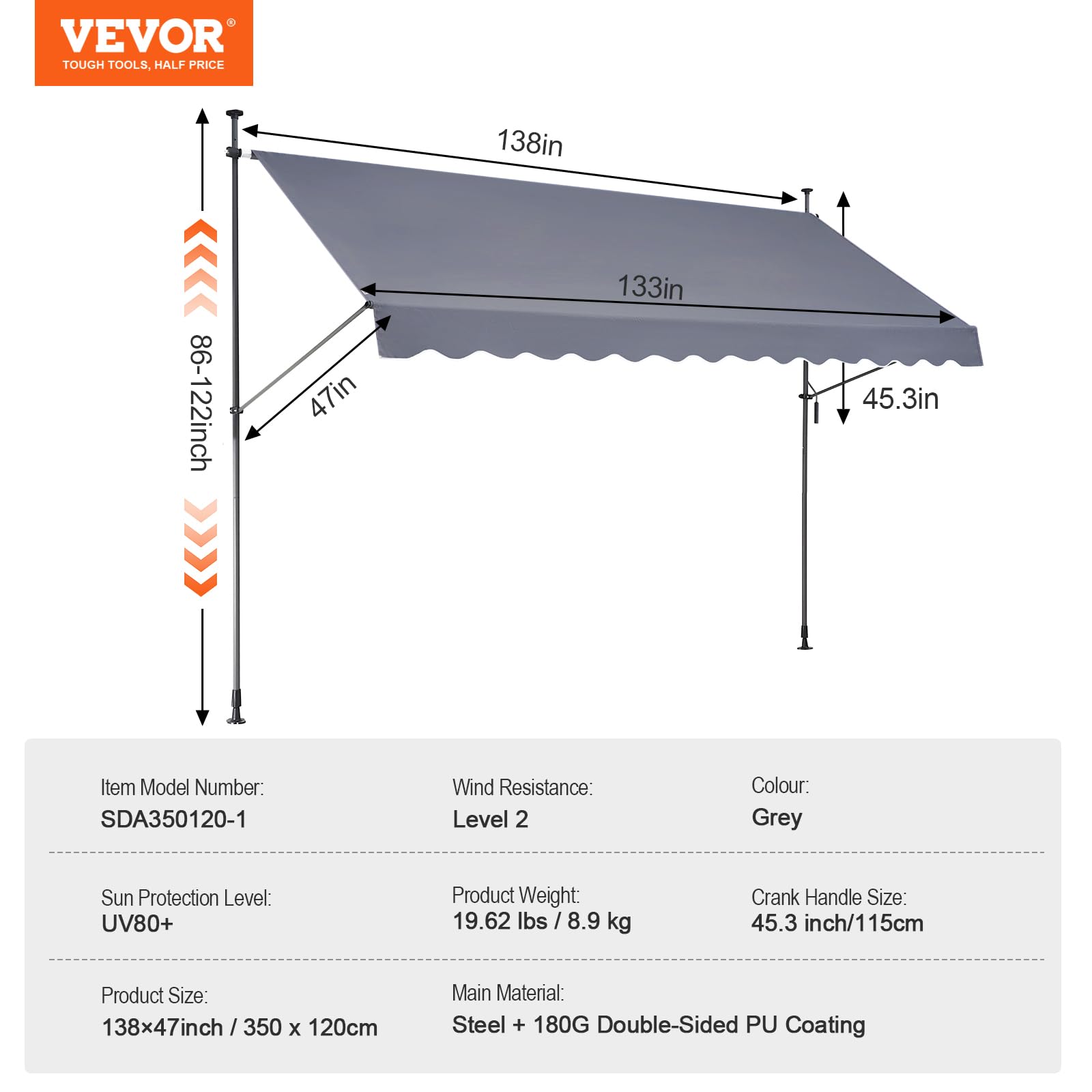 VEVOR angle adjustment 0-90 degrees for adaptive sun coverage