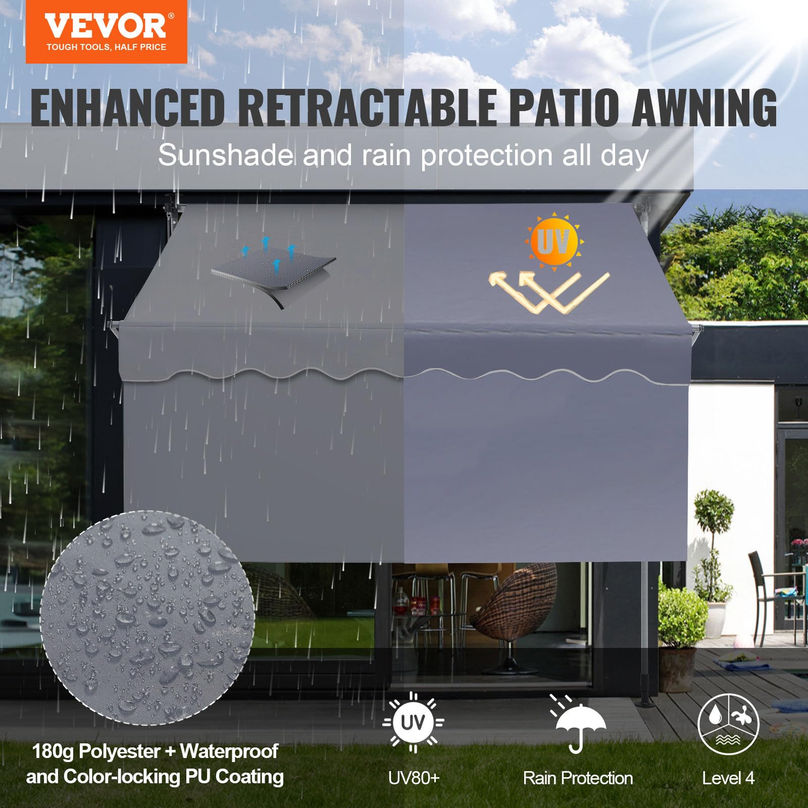 VEVOR patio awning retractable extended shade over outdoor seating