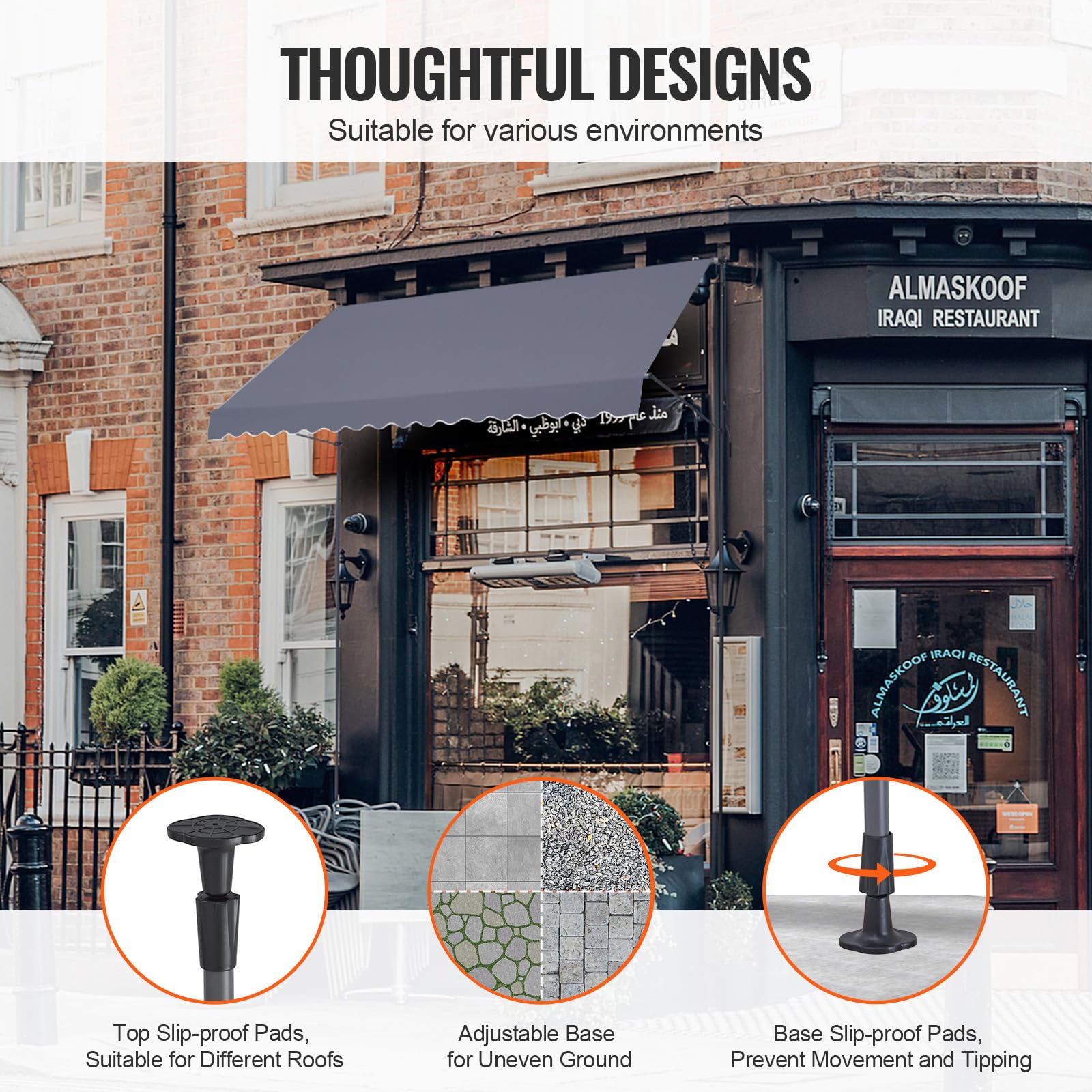VEVOR patio awning tilt range from 0 to 90 degrees for customized shading