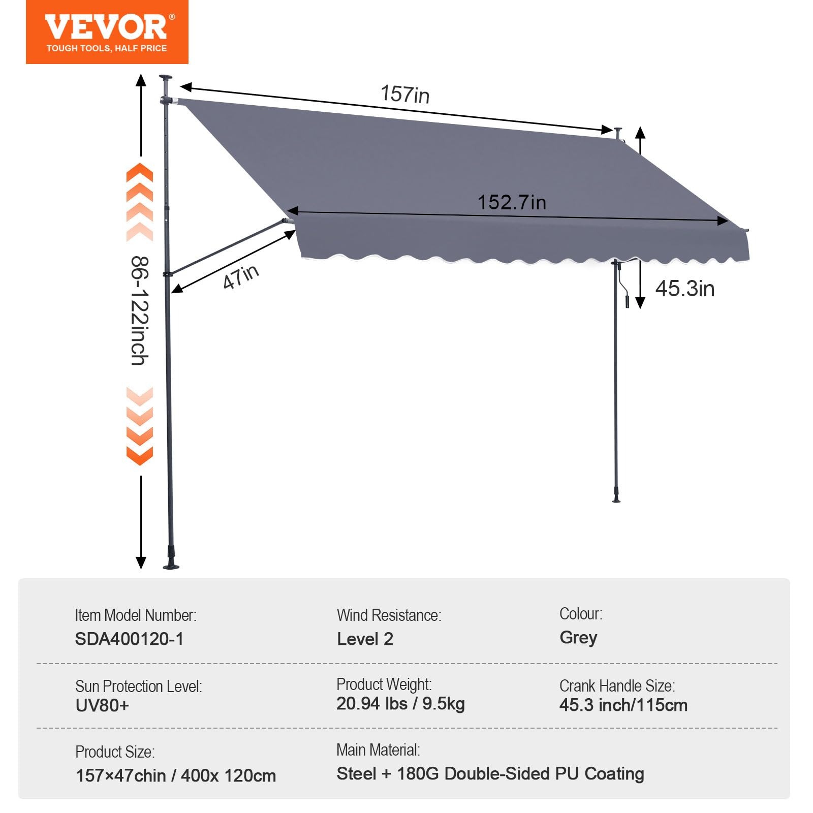 VEVOR patio awning with UV80+ waterproof PU coating for sun and rain protection
