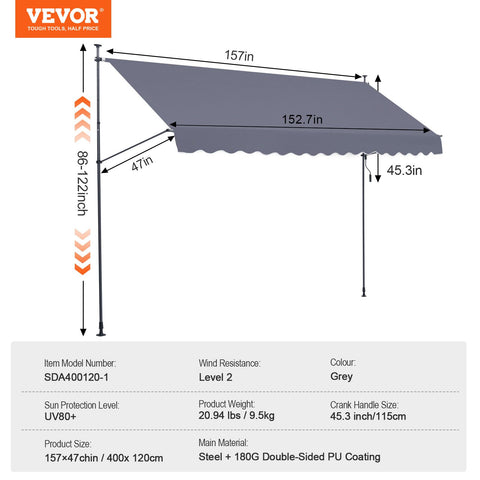 VEVOR patio awning with UV80+ waterproof PU coating for sun and rain protection