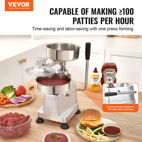 VEVOR patty maker side view highlights lever action for fast, consistent patties.