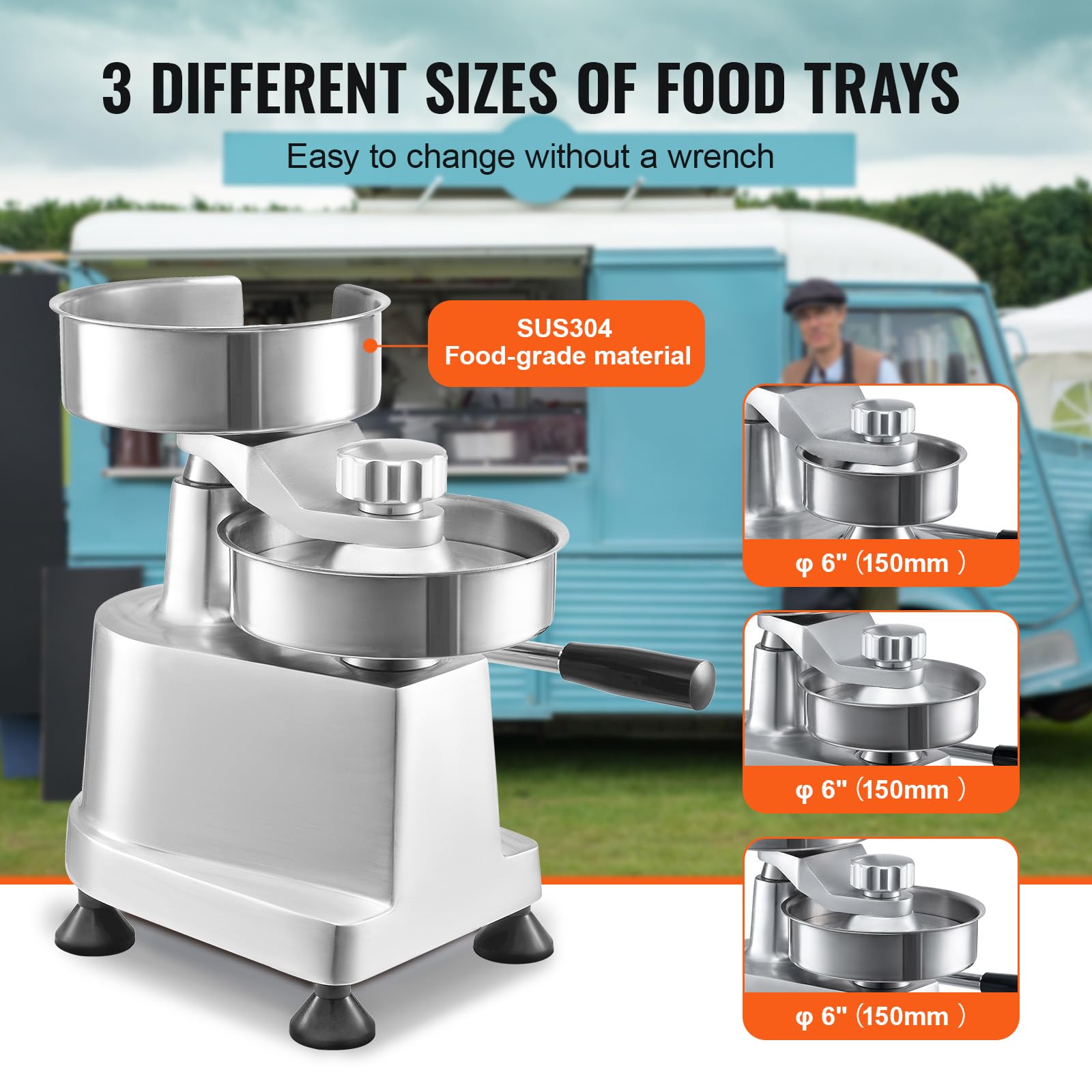 Patty trays in 4, 5, and 6 inches on the VEVOR machine enable customizable portions.