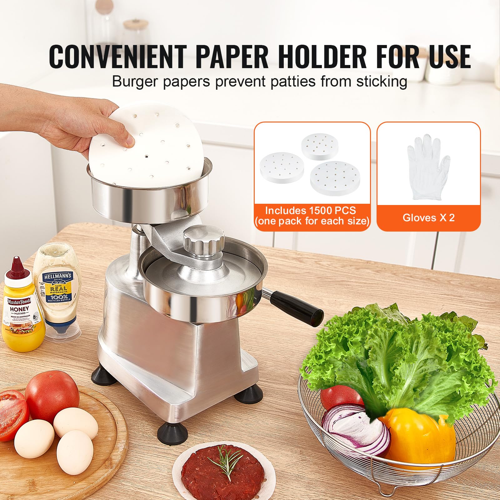 Lever press mechanism on the VEVOR patty maker ensures uniform patty formation.