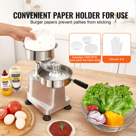Lever press mechanism on the VEVOR patty maker ensures uniform patty formation.