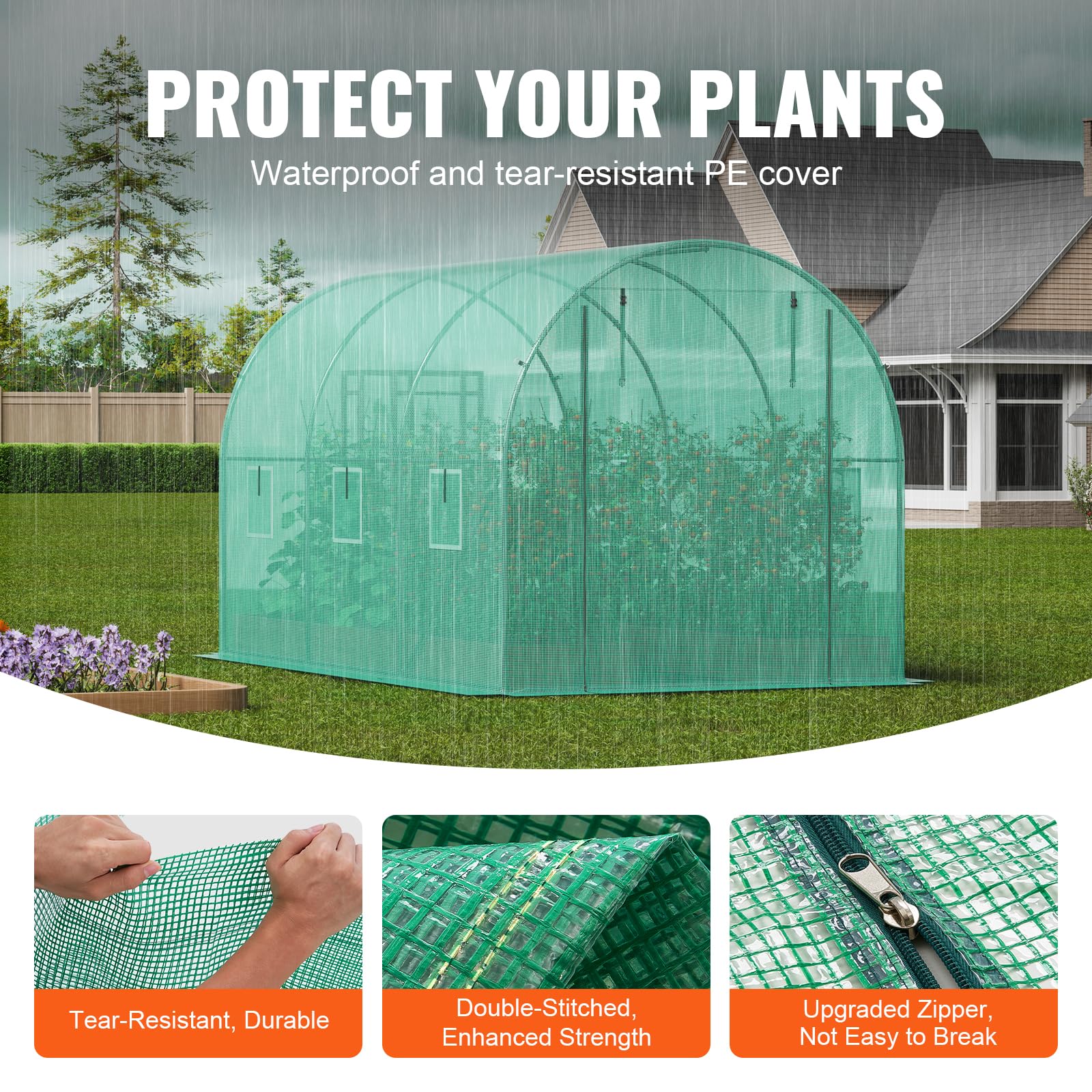 VEVOR thick PE cover close-up highlighting waterproof and insulating properties