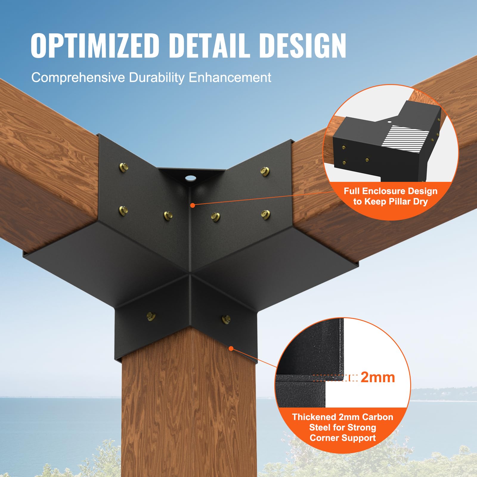 VEVOR carbon steel brackets with black powder coating for outdoor use.