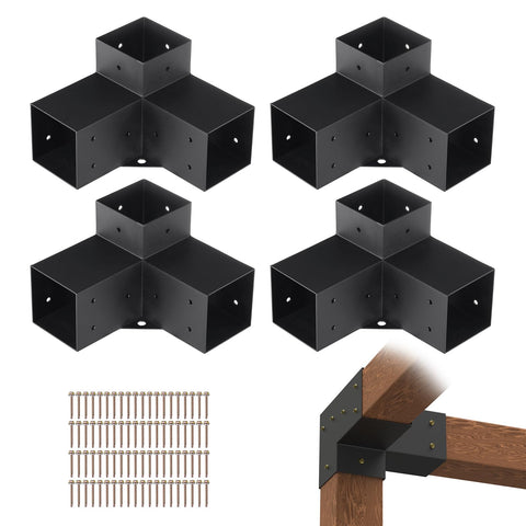 VEVOR pergola bracket kit with 3-way corners for sturdy 4x4 beams outdoors.
