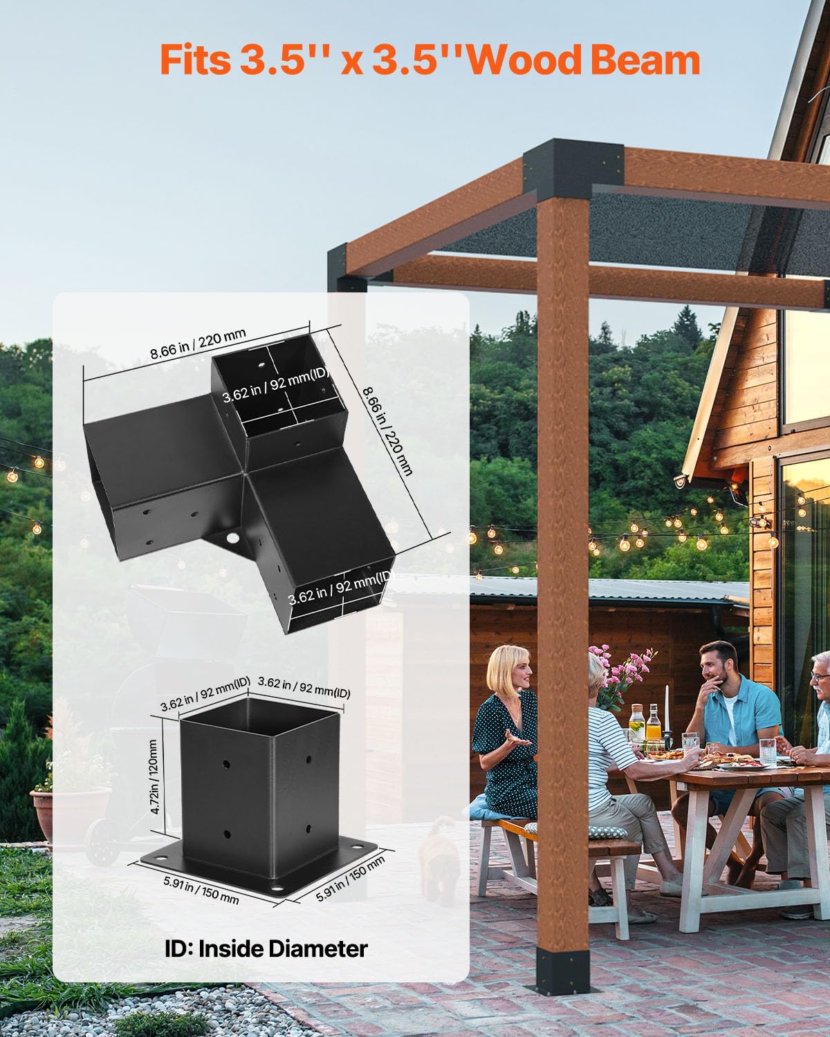VEVOR pergola kit 3-way brackets close-up highlighting reinforced joints for stability
