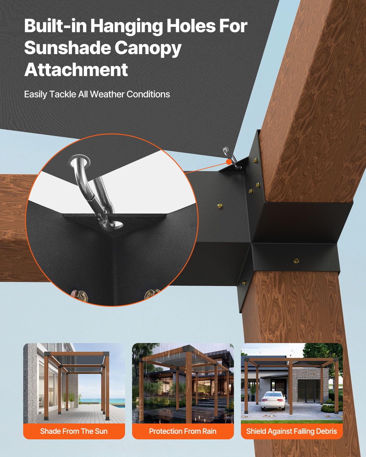 VEVOR pergola kit sunshade hole close-up illustrating hanging option for shade sail