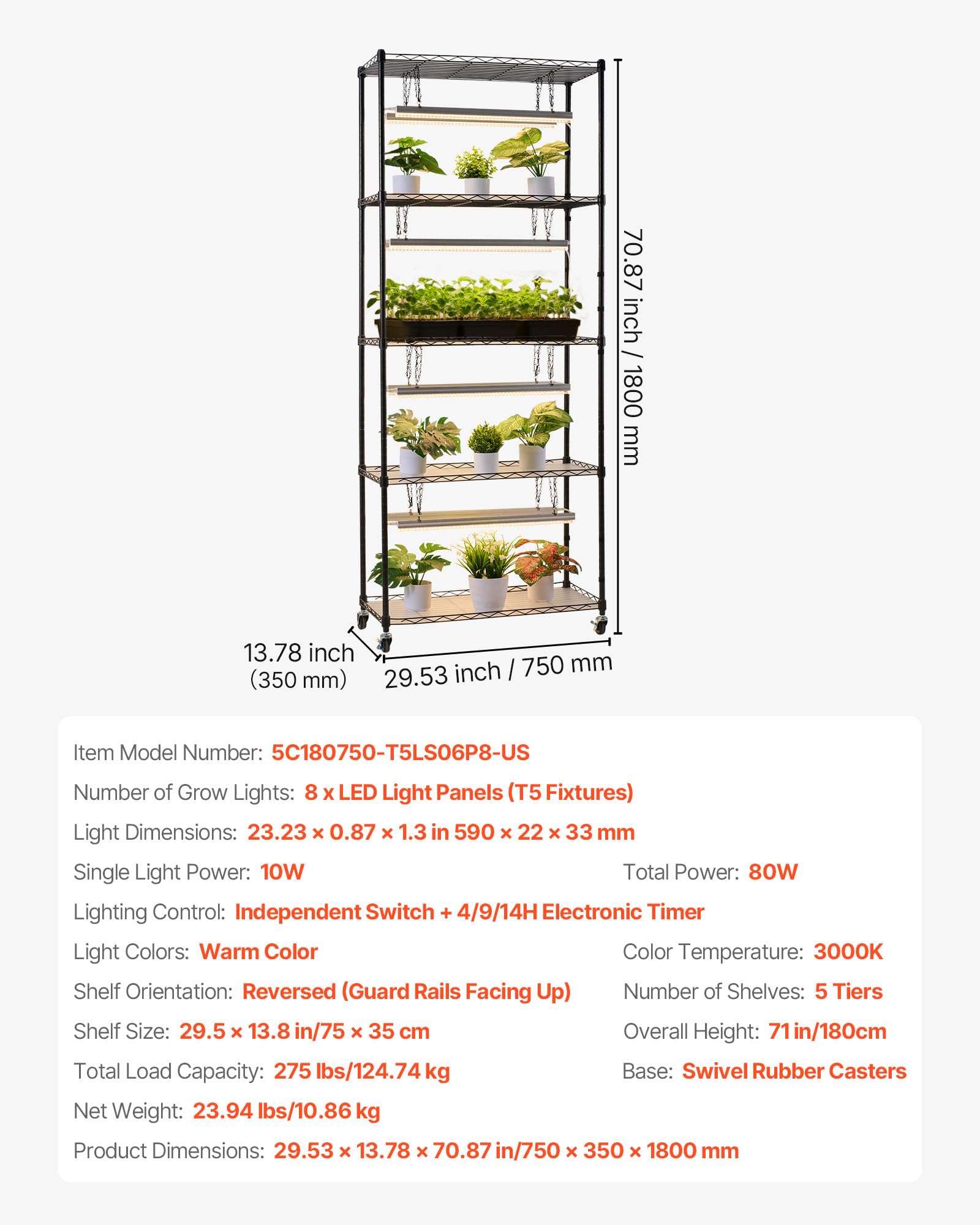 VEVOR adjustable shelves accommodate varying plant sizes