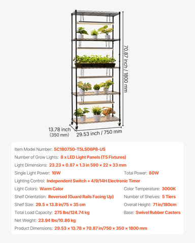 VEVOR adjustable shelves accommodate varying plant sizes