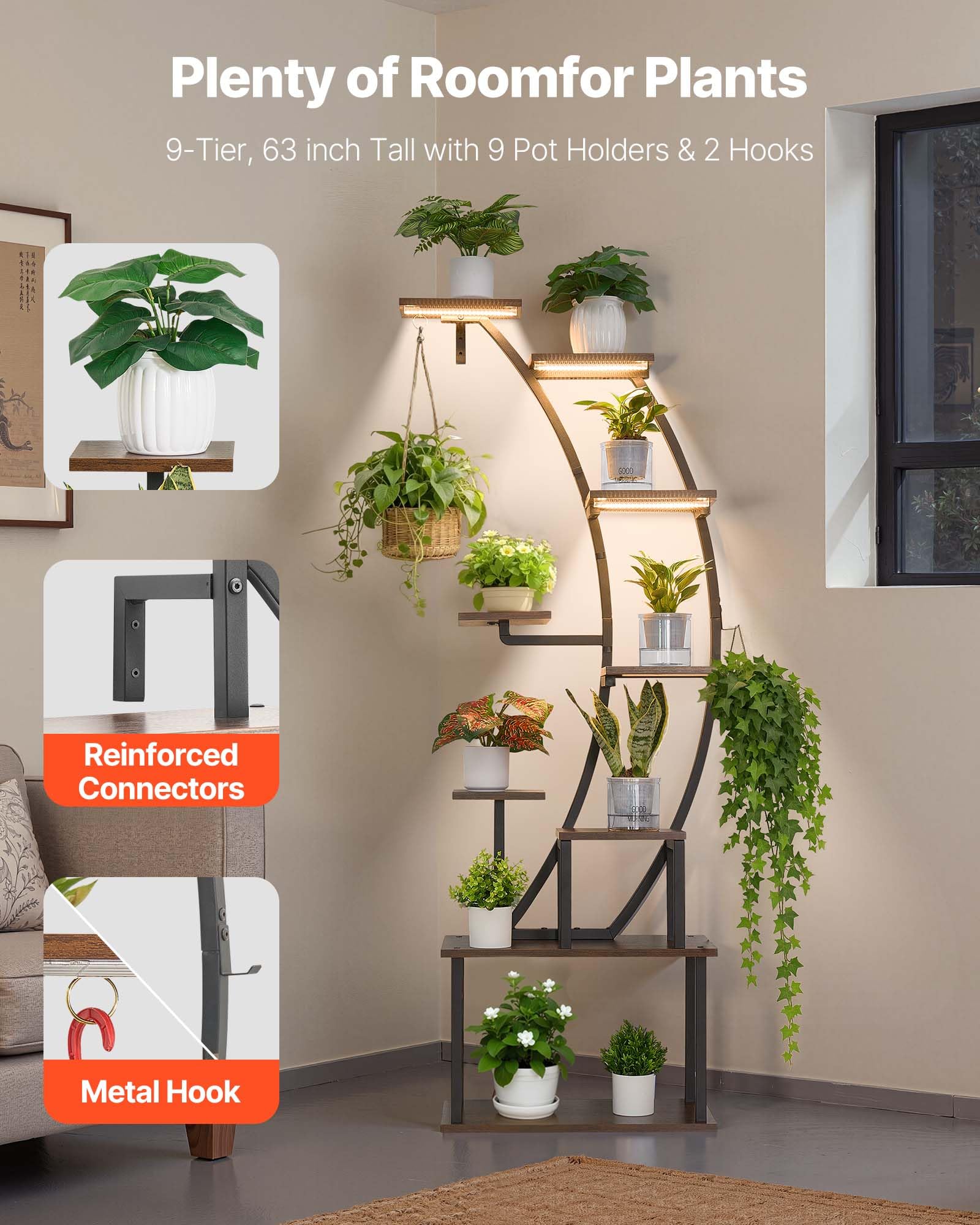 VEVOR Plant Stand with nine shelves and grow lights for lush indoor display.