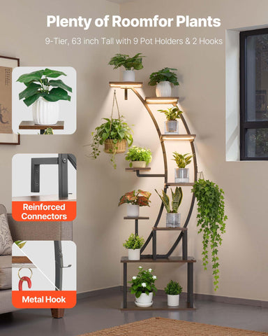 VEVOR Plant Stand with nine shelves and grow lights for lush indoor display.