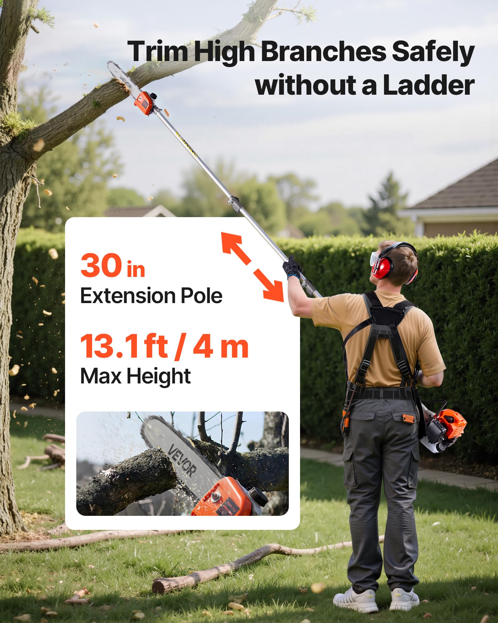 VEVOR pole saw head enables precise overhead pruning from ground level.