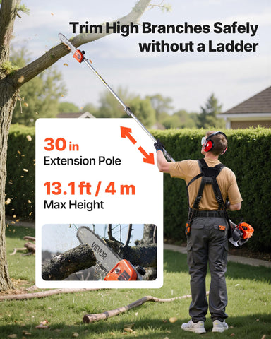 VEVOR pole saw head enables precise overhead pruning from ground level.