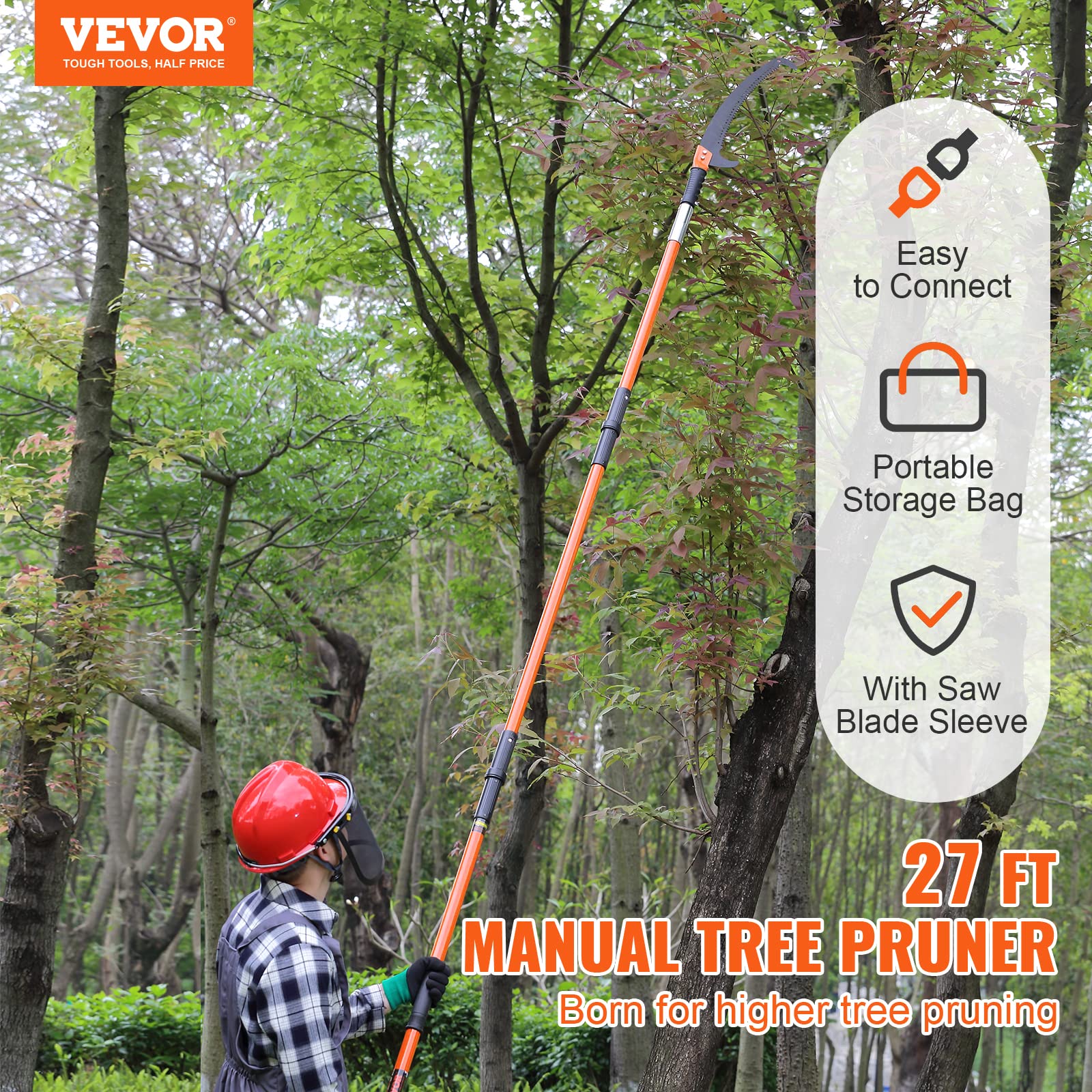 VEVOR pole saw with teflon-coated carbon steel blade delivers smooth, efficient cuts.