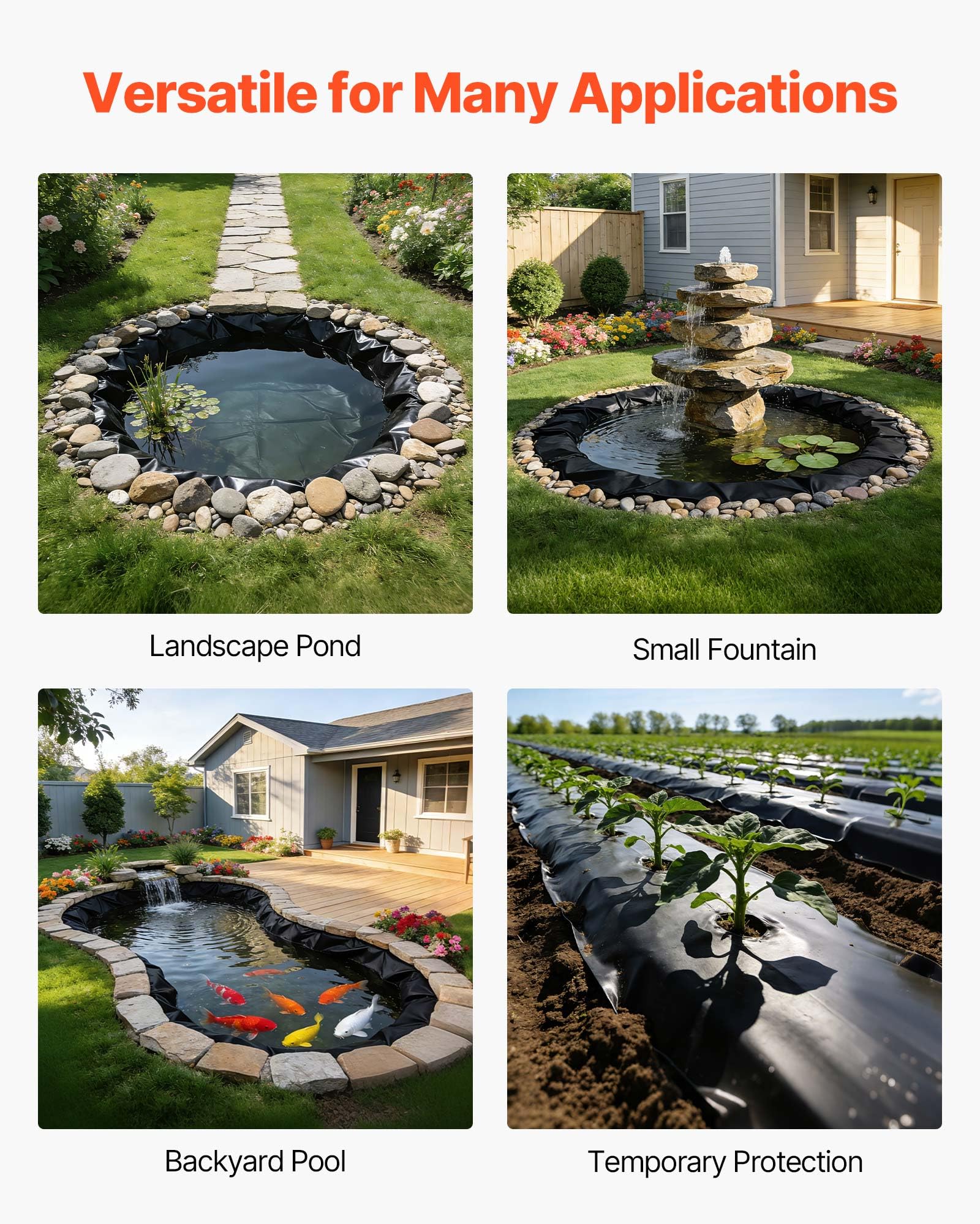 VEVOR EPDM liner supports koi and plants for a balanced pond ecosystem.
