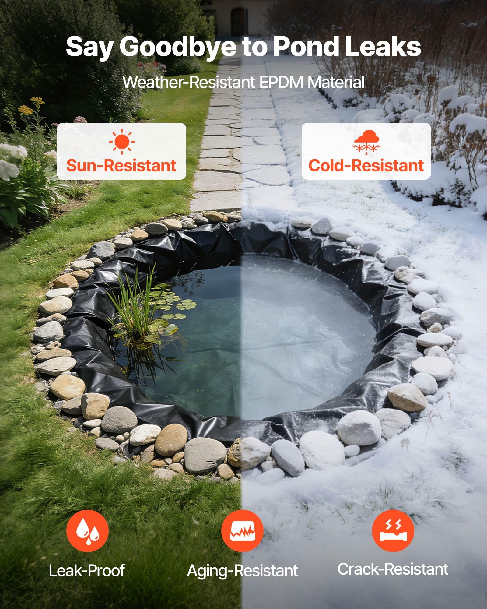 VEVOR pond liner with tear-resistant 45 mil thickness resists punctures in rugged setups.