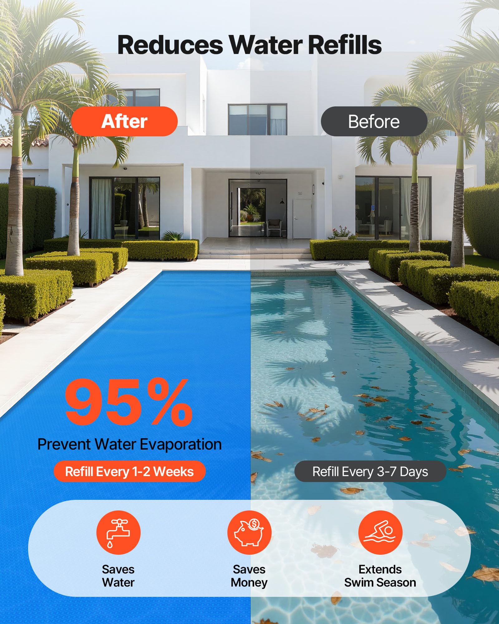 VEVOR cover fits inground and above-ground pools with round or rectangular layouts.