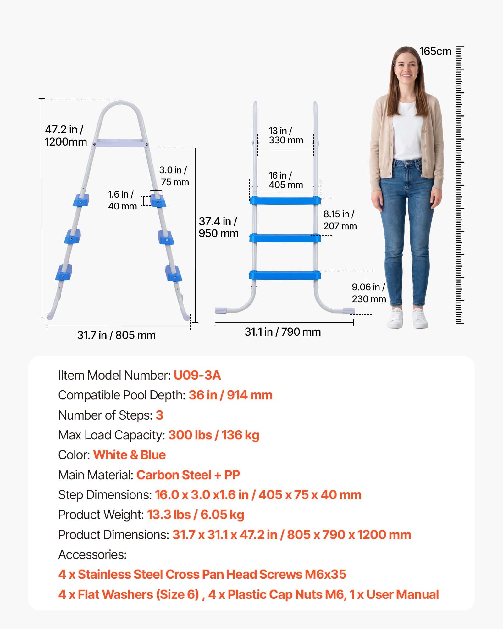 VEVOR pool ladder durable carbon steel and weather-resistant plastics