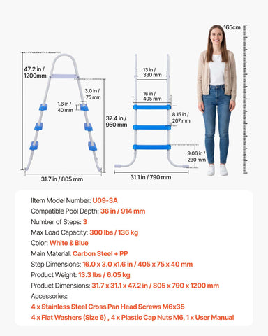 VEVOR pool ladder durable carbon steel and weather-resistant plastics