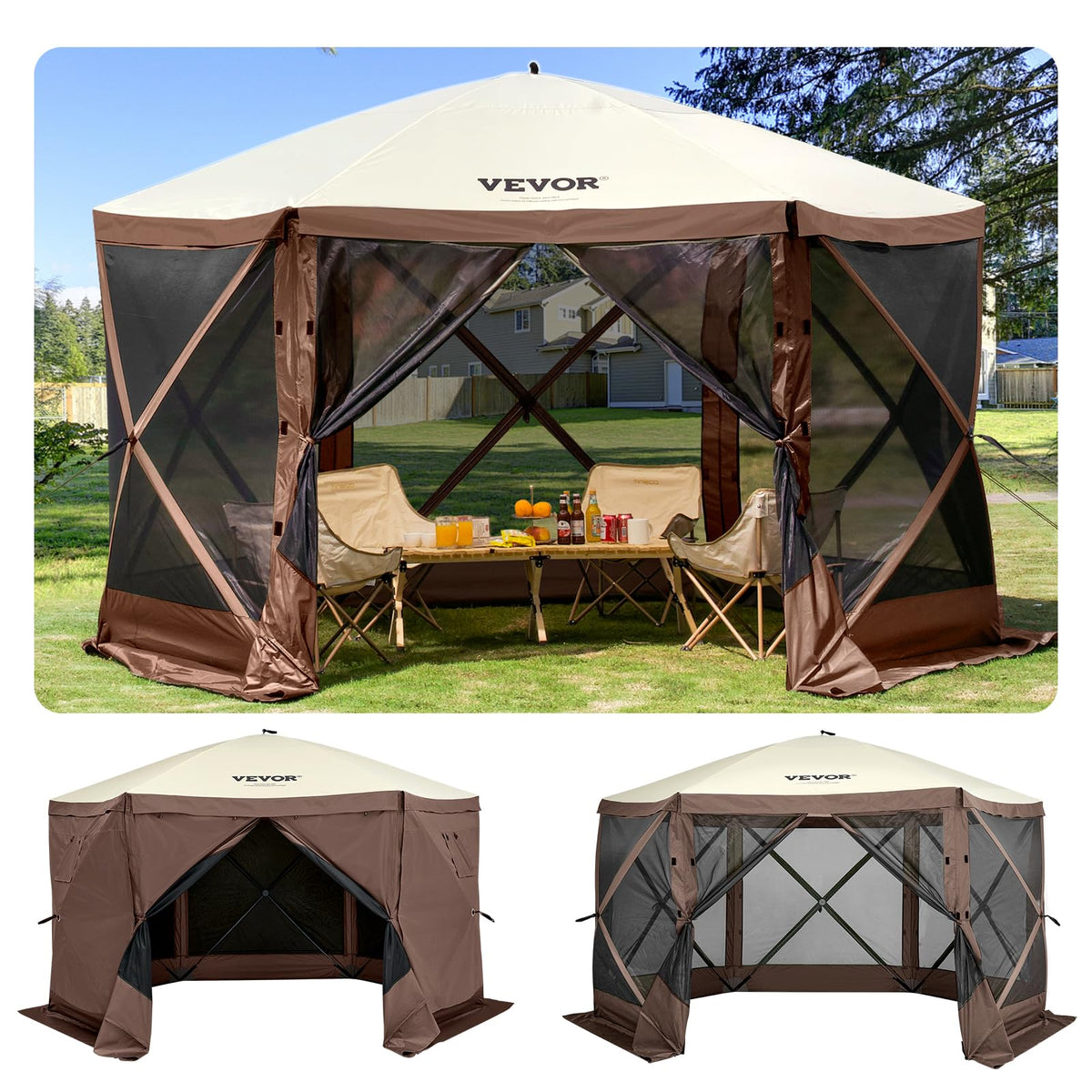 VEVOR Pop Up Gazebo 11.5x11.5 ft setup shows quick, tool-free assembly for outdoor gatherings.