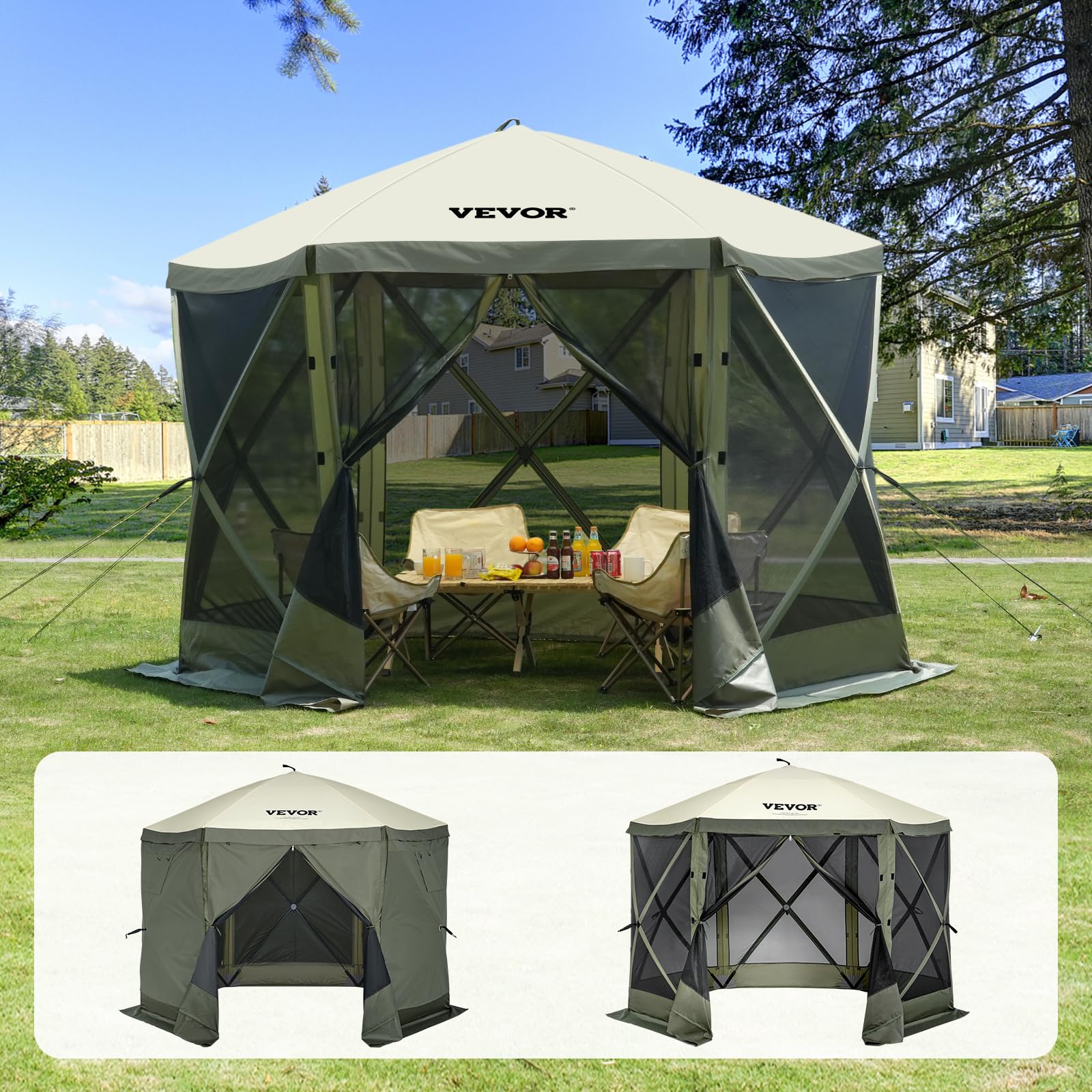 VEVOR pop up gazebo army green front view shows shade and bug protection.