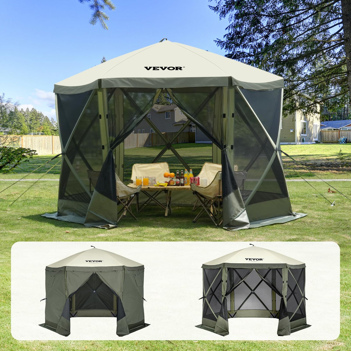 VEVOR pop up gazebo army green front view shows shade and bug protection.
