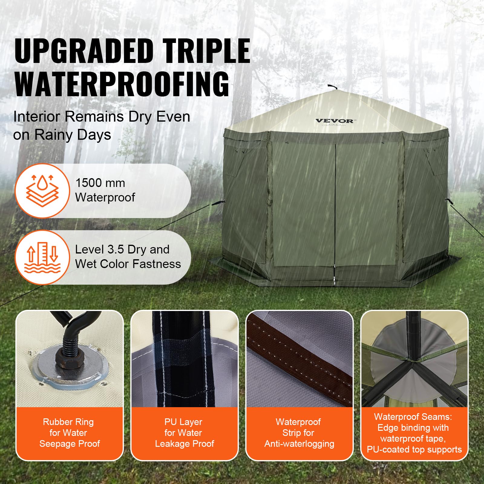 VEVOR army green gazebo close-up fabric shows 300D Oxford and UPF50+ protection.