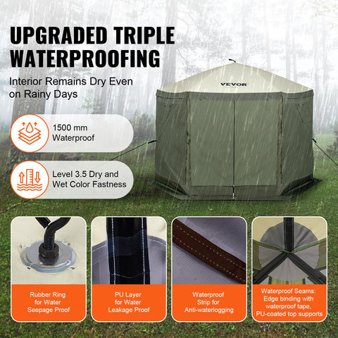 VEVOR army green gazebo close-up fabric shows 300D Oxford and UPF50+ protection.