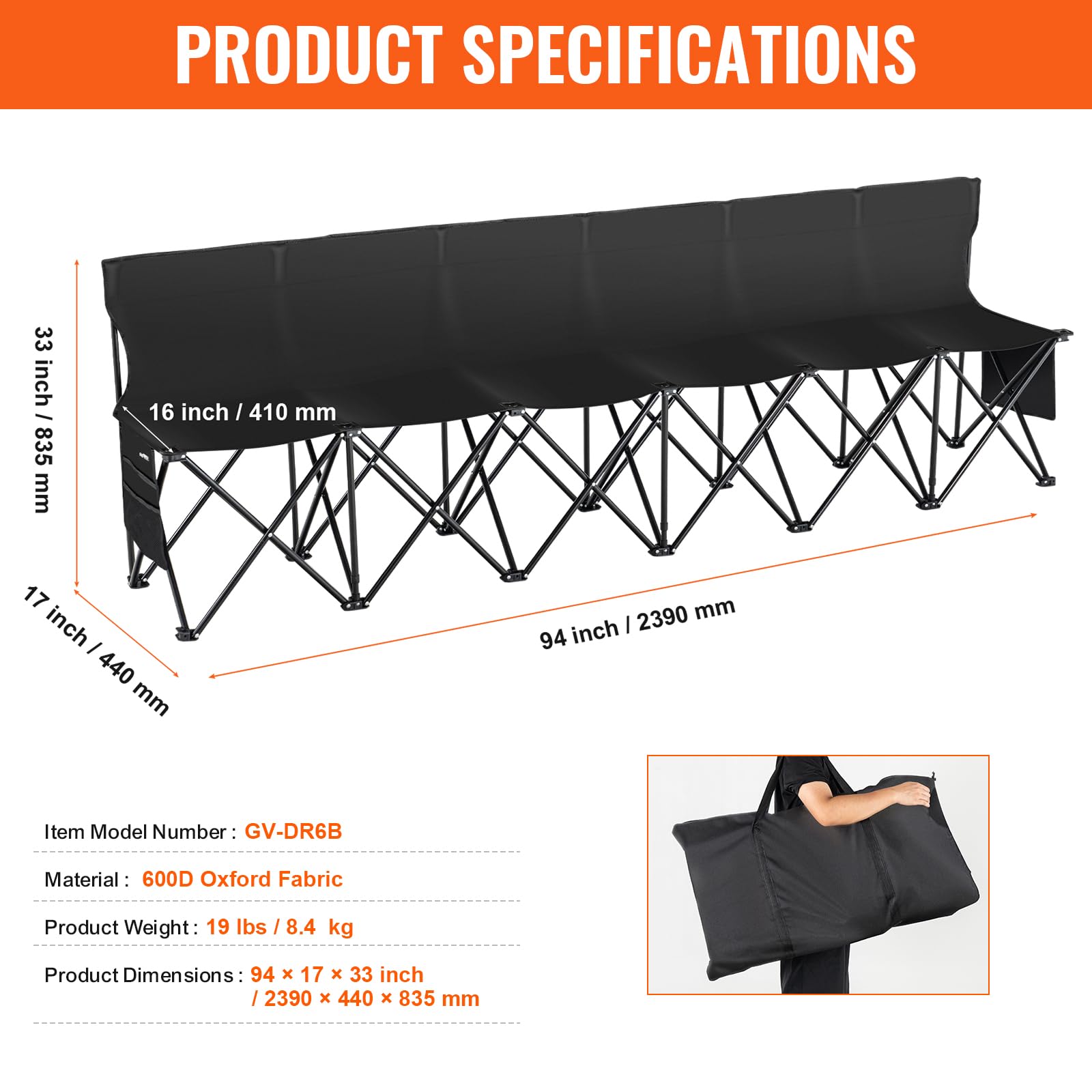 VEVOR bench dimensions 2390x440x835 mm