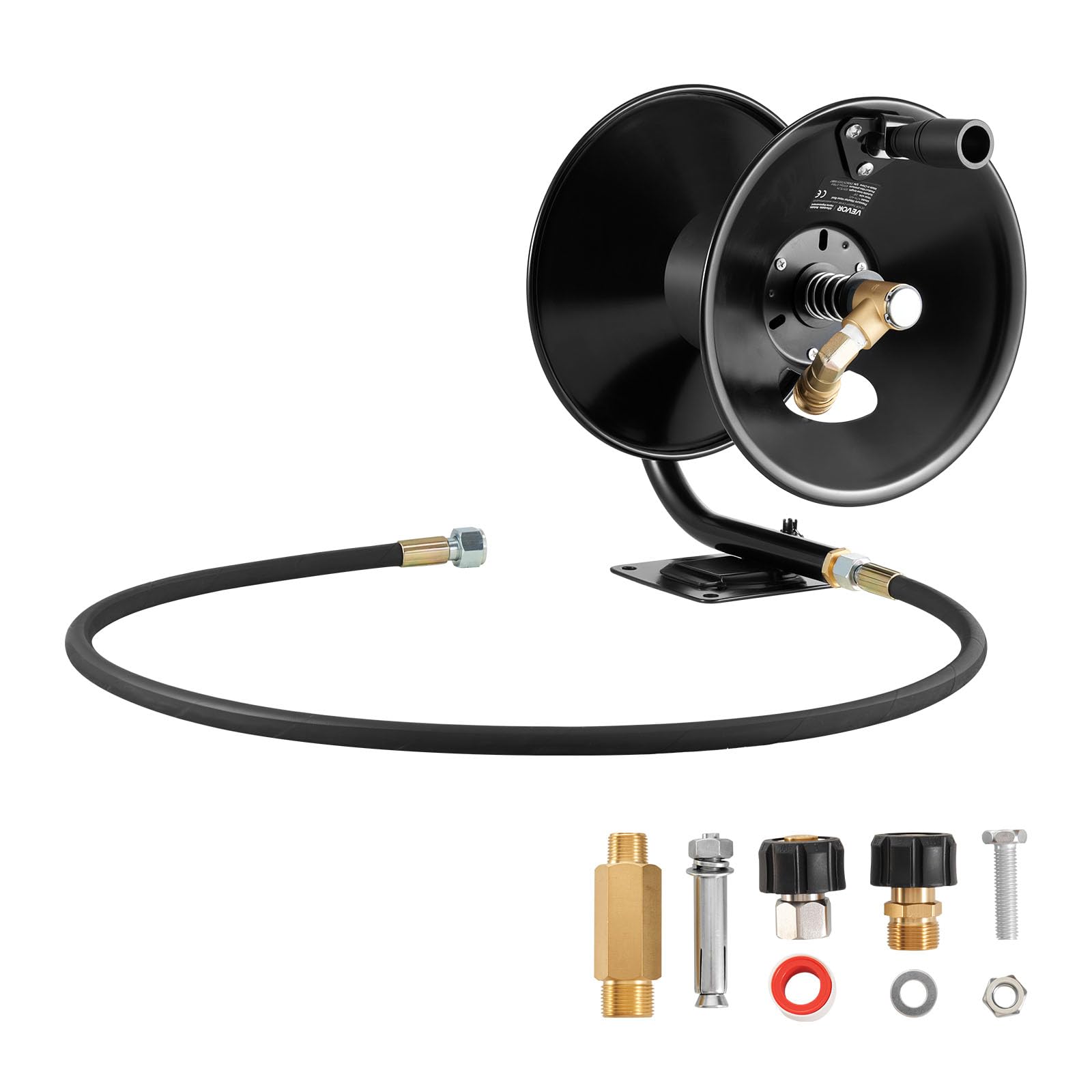 VEVOR pressure washer hose reel wall mount showing sturdy steel bracket for secure installation