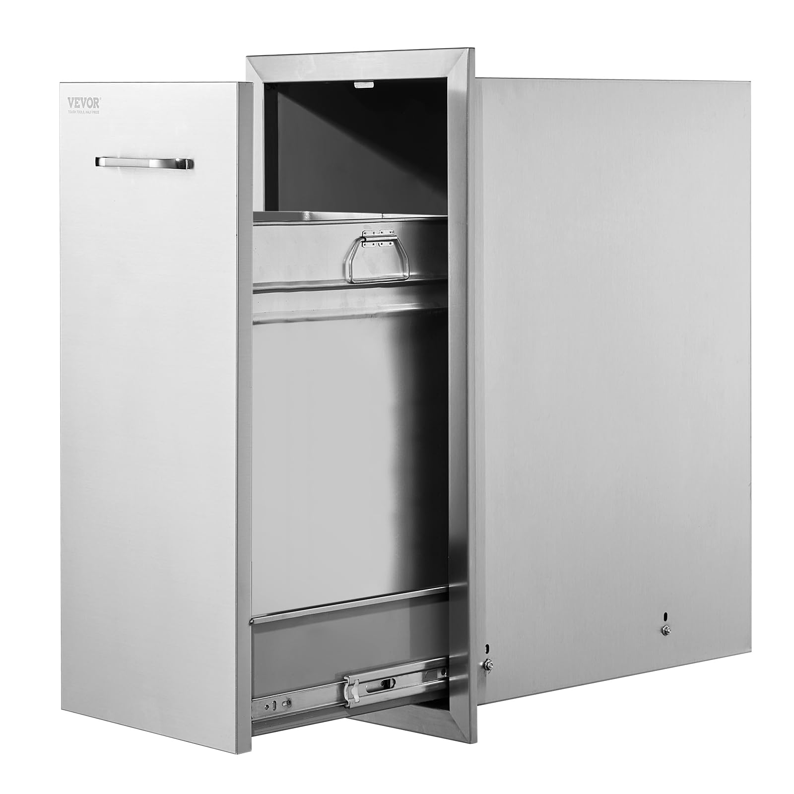 VEVOR pull-out trash drawer in brushed stainless steel, weather-ready storage for outdoor kitchens.