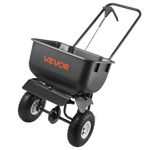 VEVOR push lawn spreader showing 12ft width for uniform seed and fertilizer distribution