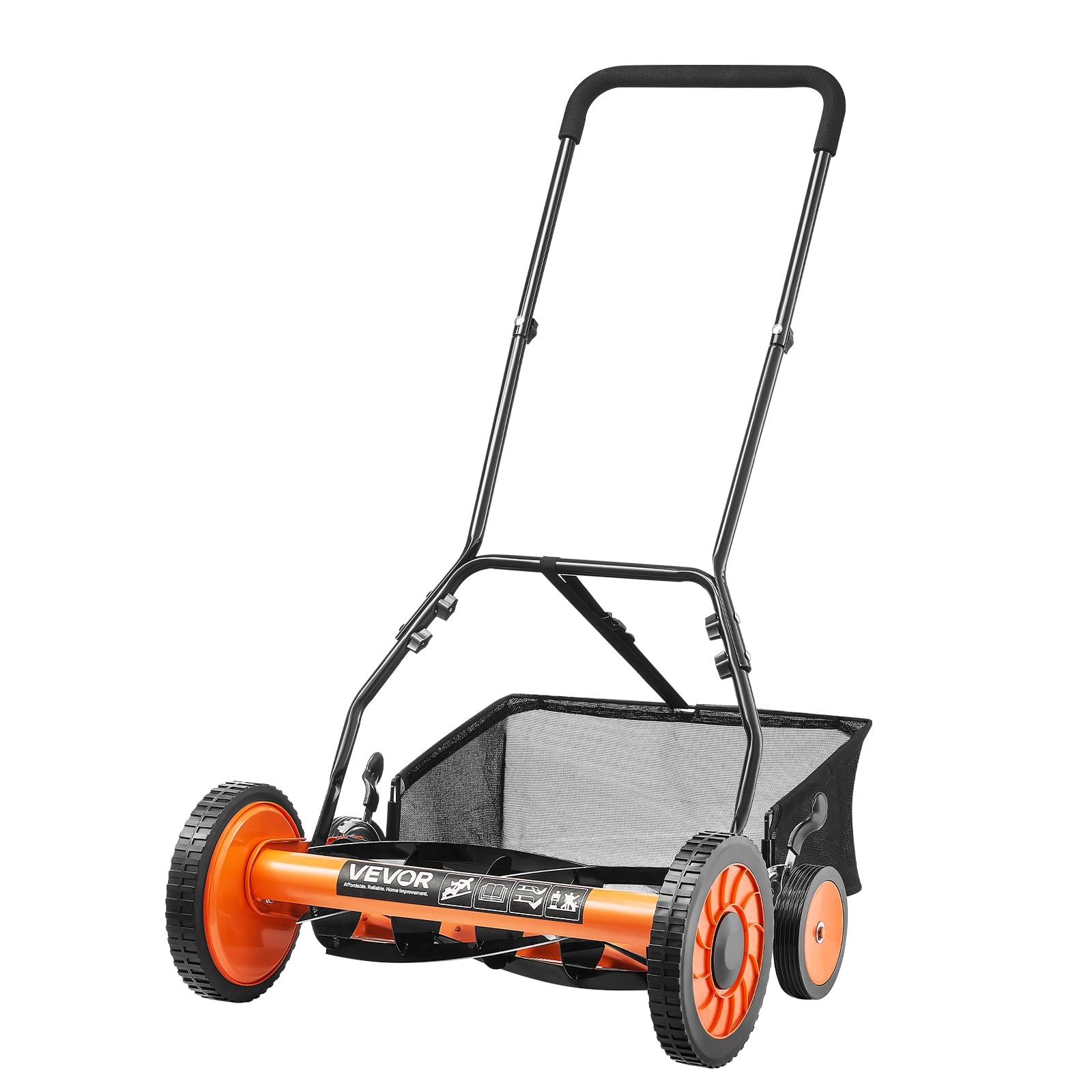 VEVOR push reel mower shows 18-inch cut width for even lawns and easy maneuverability.