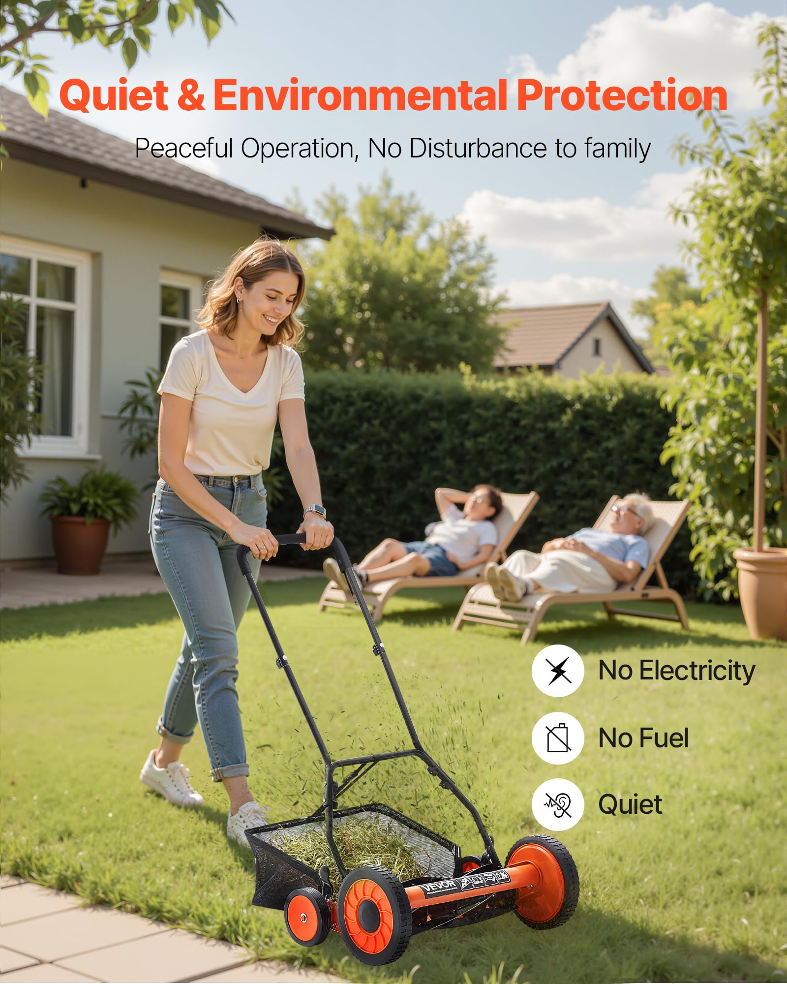 Ergonomic U-shaped handle with large wheels reduces effort during use.