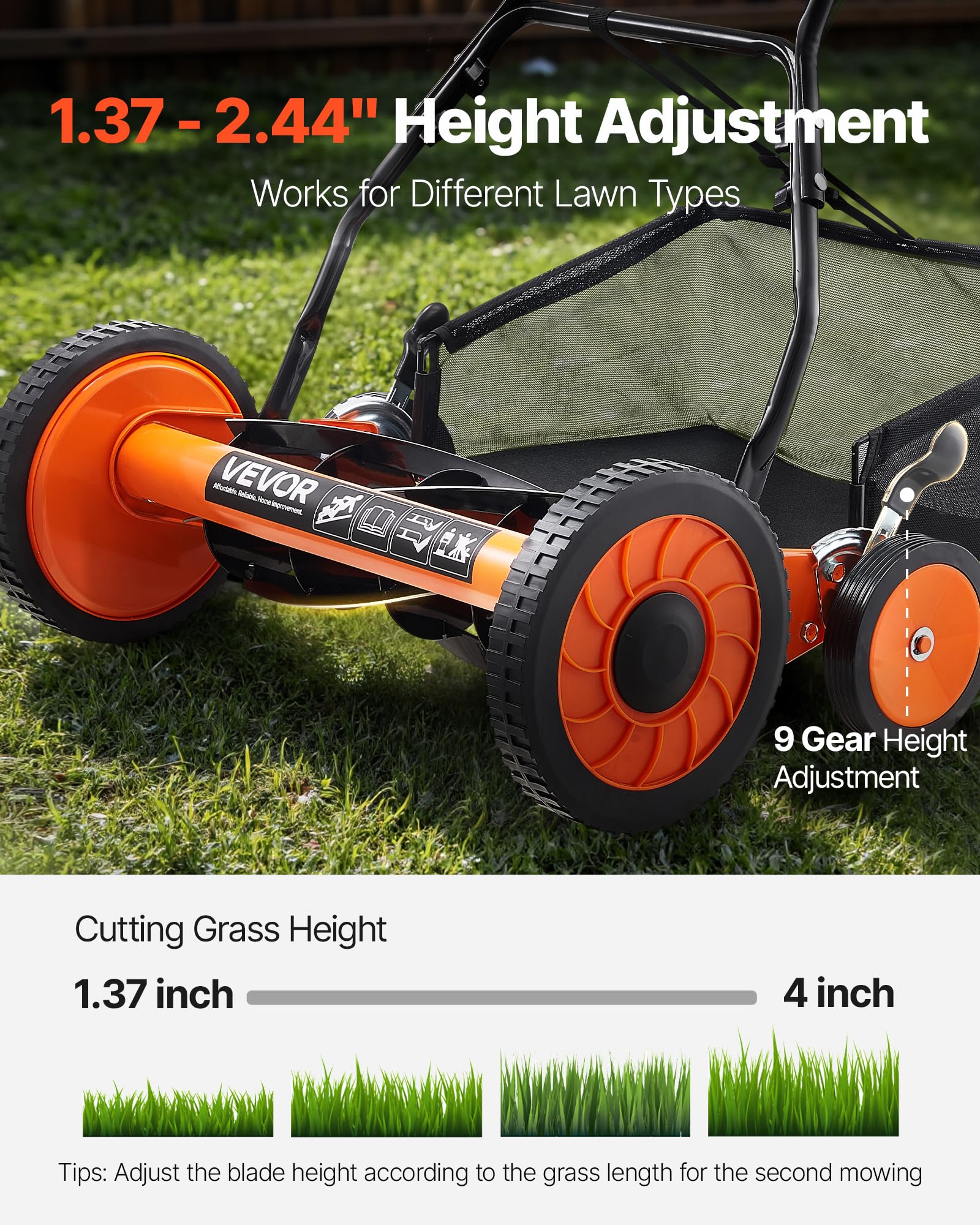 No motor operation provides emission-free, quiet lawn care with the VEVOR mower.