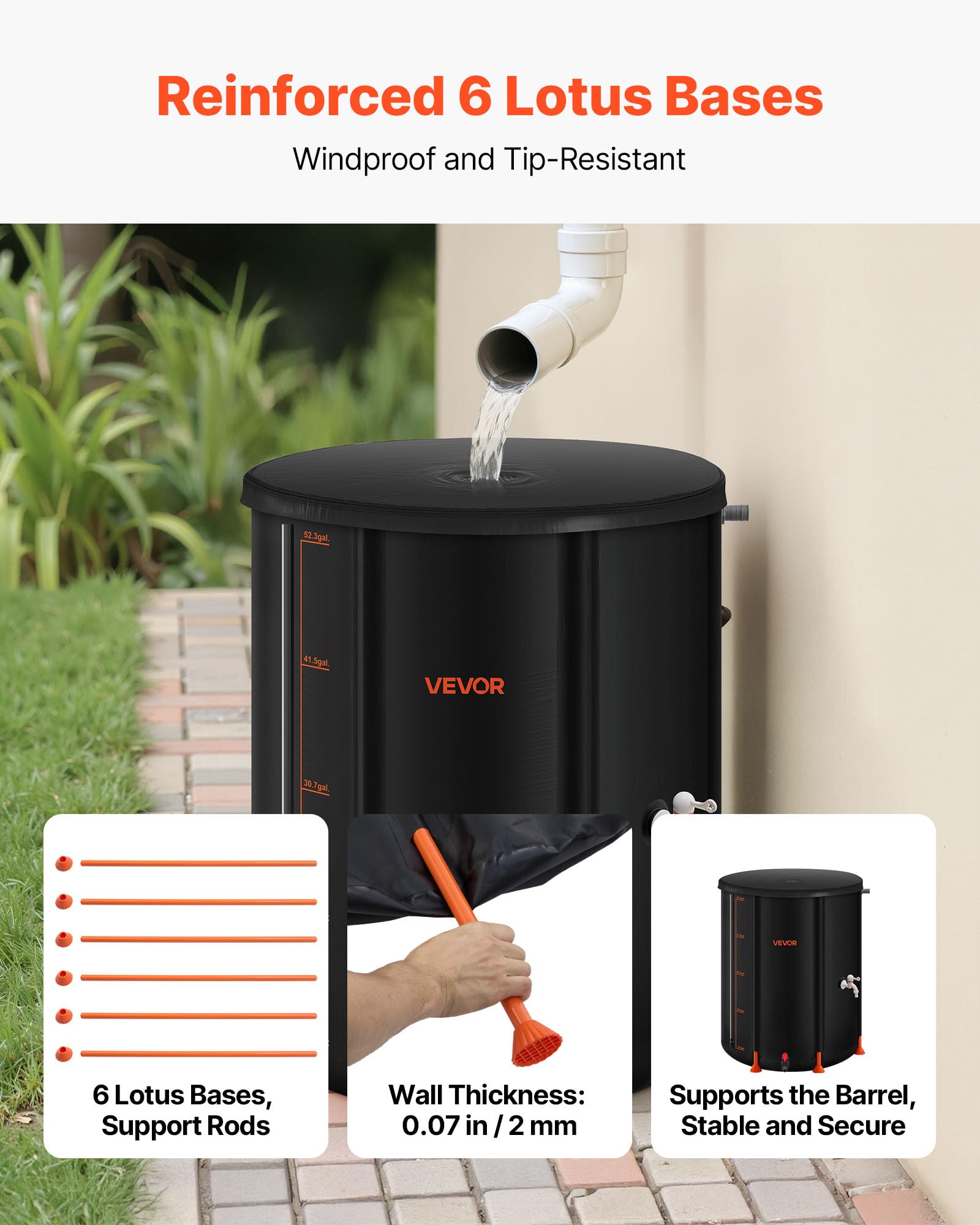 VEVOR side view of collapsible rain barrel shows water level scale for monitoring