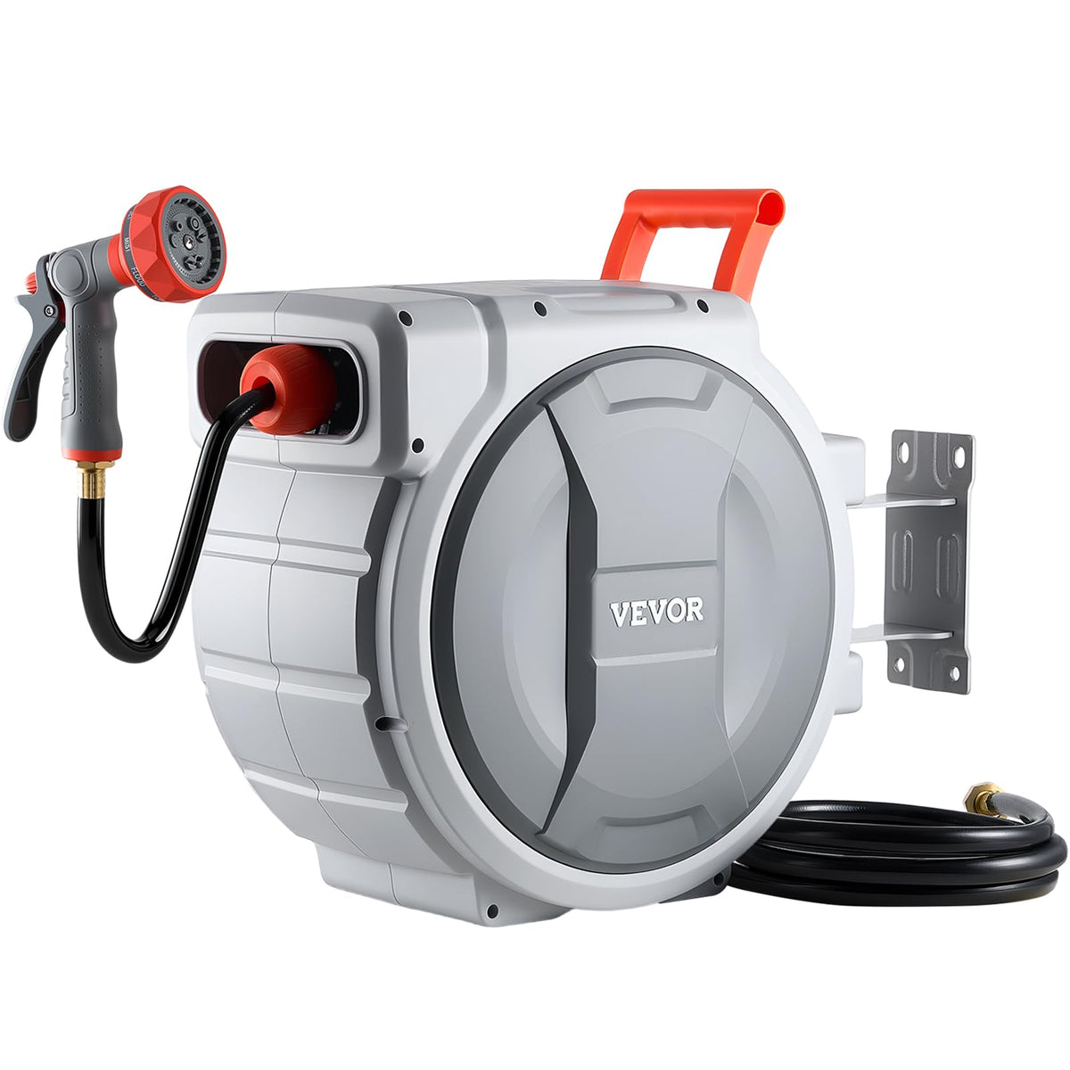 VEVOR retractable hose reel mounted on wall, 100 ft reach for efficient yard watering