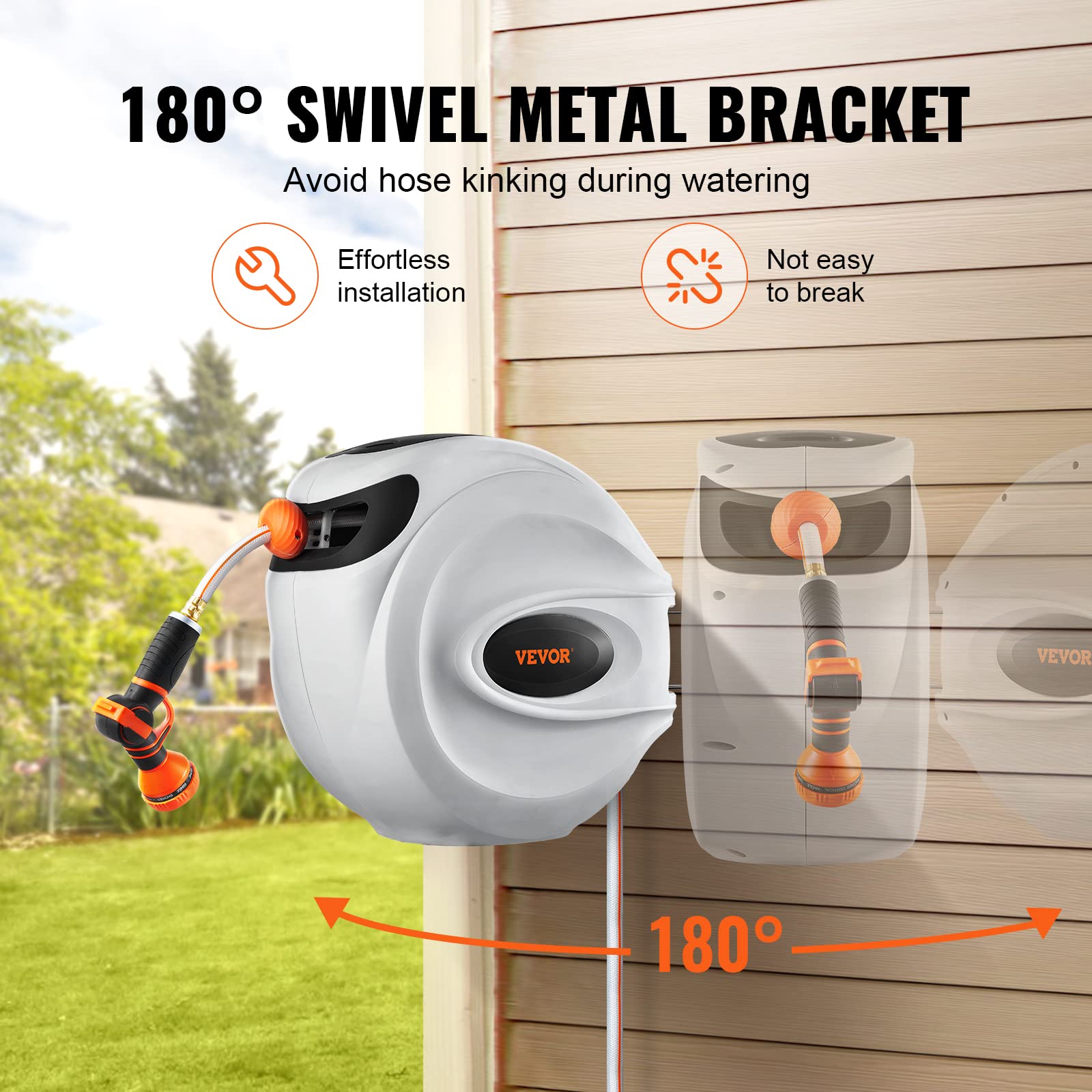 VEVOR retractable hose reel with 180-degree bracket for multi-directional watering