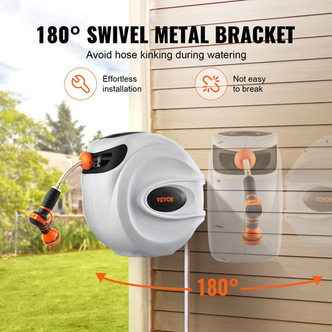 VEVOR retractable hose reel with 180-degree bracket for multi-directional watering